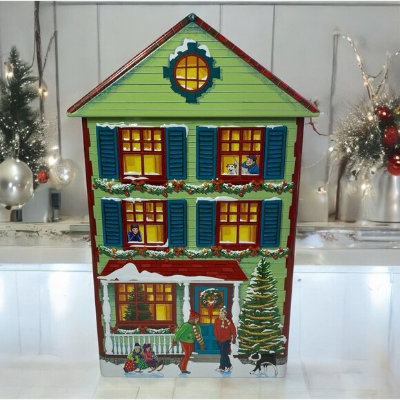 Harry London Christmas Village Green House Collectible Tin Empty Holiday EUC - Picture 1 of 16
